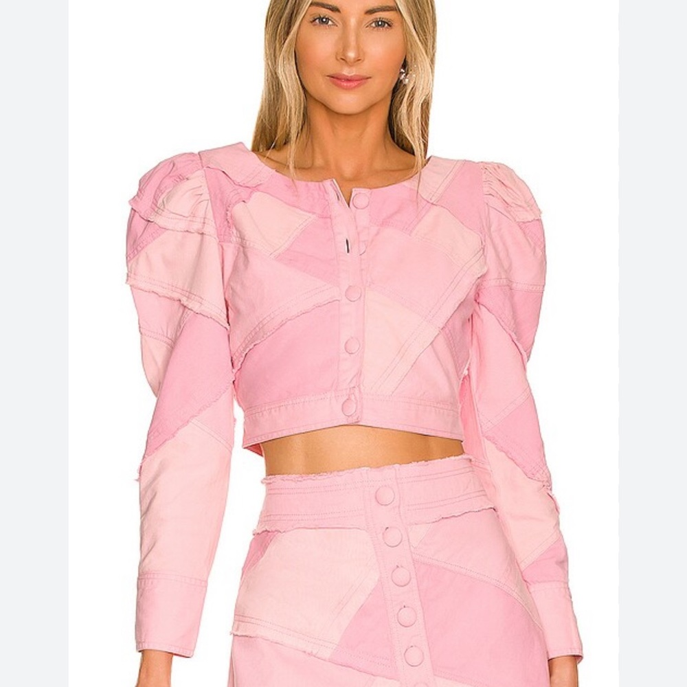 LoveShackFancy Pink Denim Elora Crop Jacket Size 4